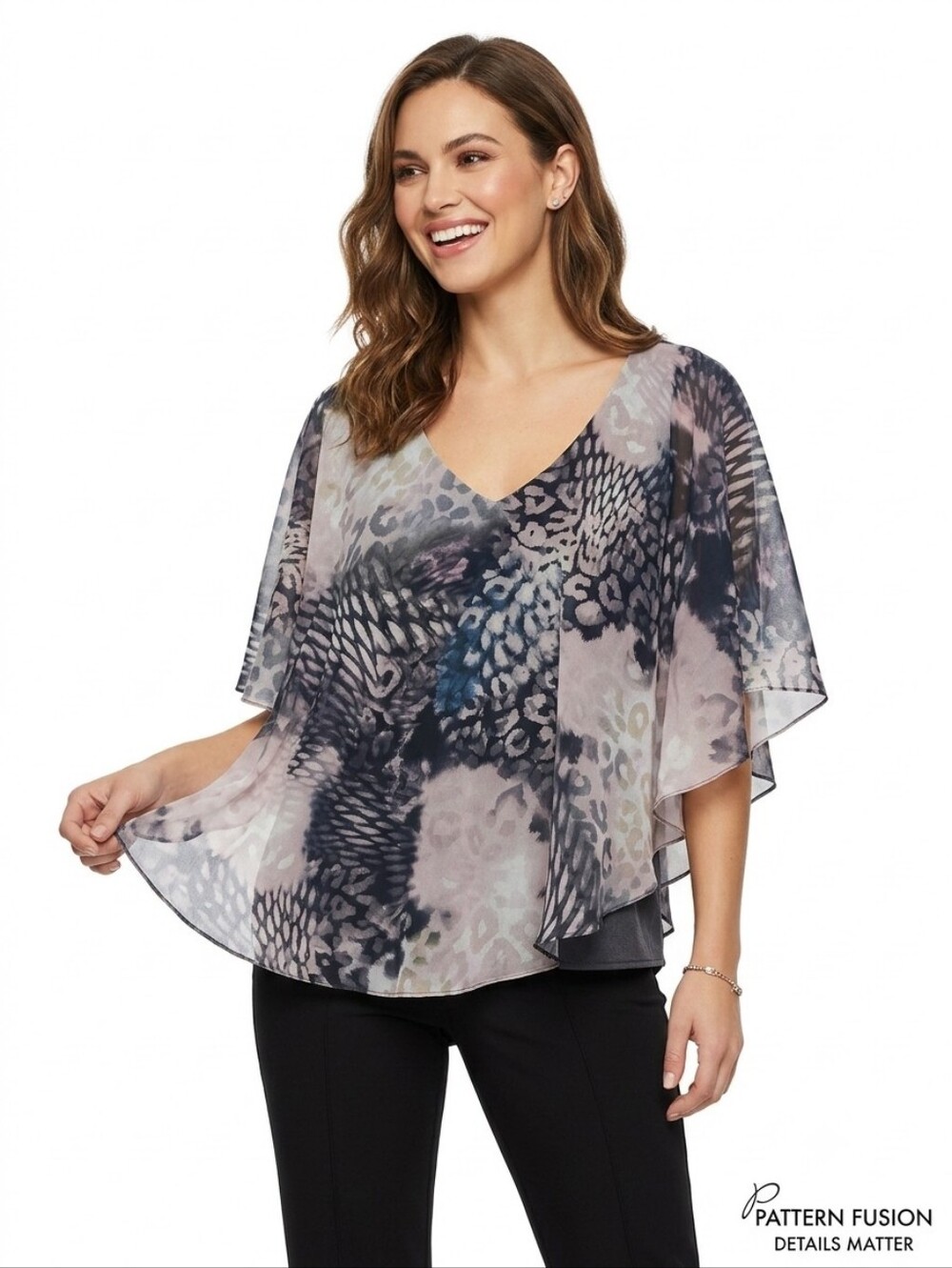 Bobeau Butterfly Pattern Printed Flutter Sleeve V-Neck Top - Multi-Color